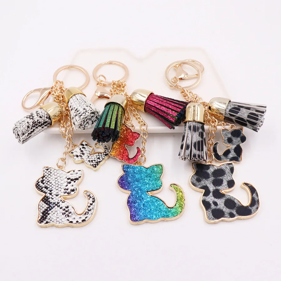 

Fashion Popular leather snake pattern leopard cat key chain creative personality alloy tassel pendant car bag hanging Jewelry