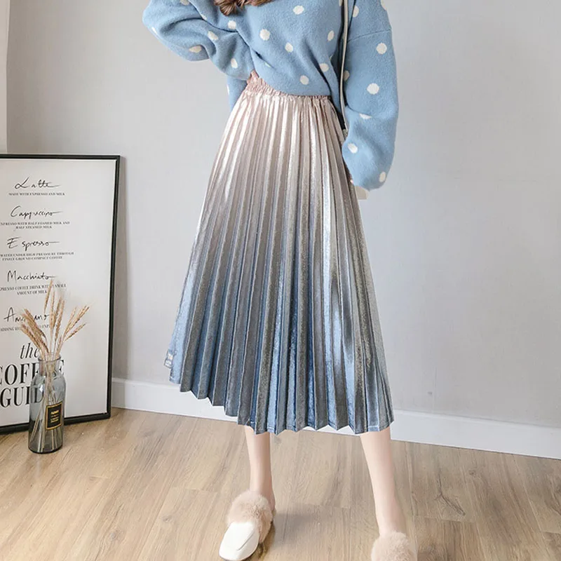 

Midi Velvet Women Pleated Skirt 2019 Elastic Waist Patchwork Color Elegant Autumn Winter Ladies Party Jupe Korean Long Falda