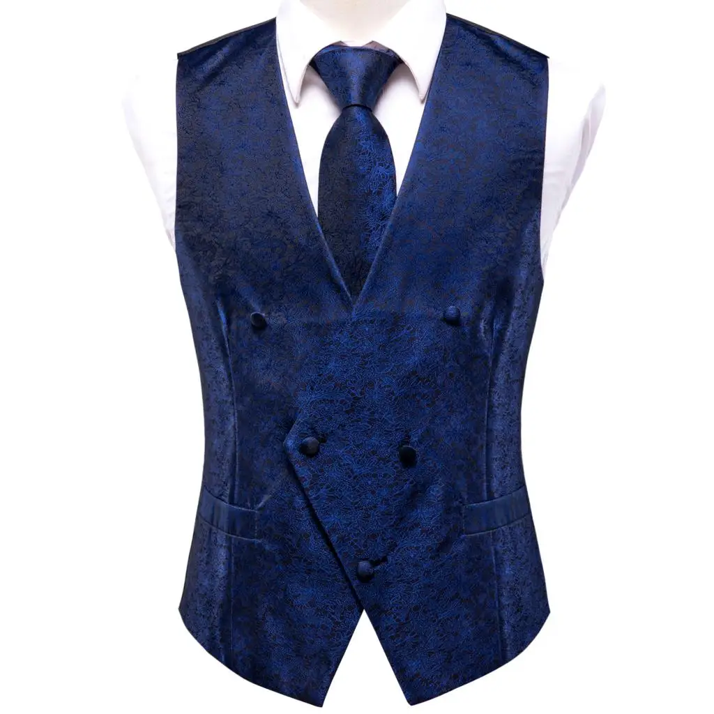 Hi-Tie 20 Color Silk Men's Vests and Tie Business Formal Dresses Slim Vest 4PC Hanky cufflinks for Suit Blue Paisley Waistcoat