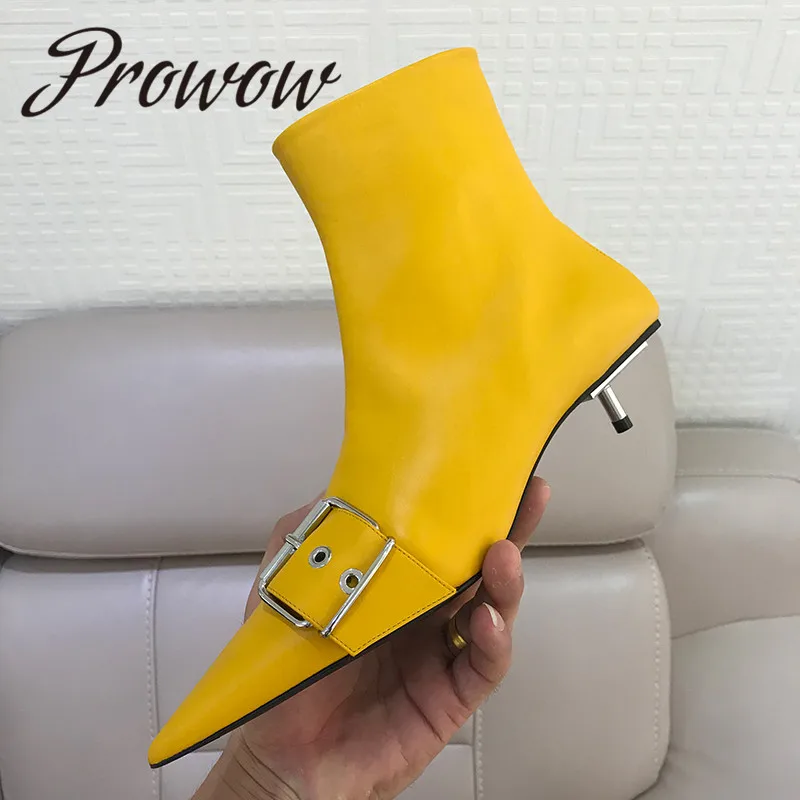 

Prowow New Genuine Leather Sexy Pointed Toe Ankle Boots Branded Zip Side Low Heel Autumn Winter Boots Shoes Women