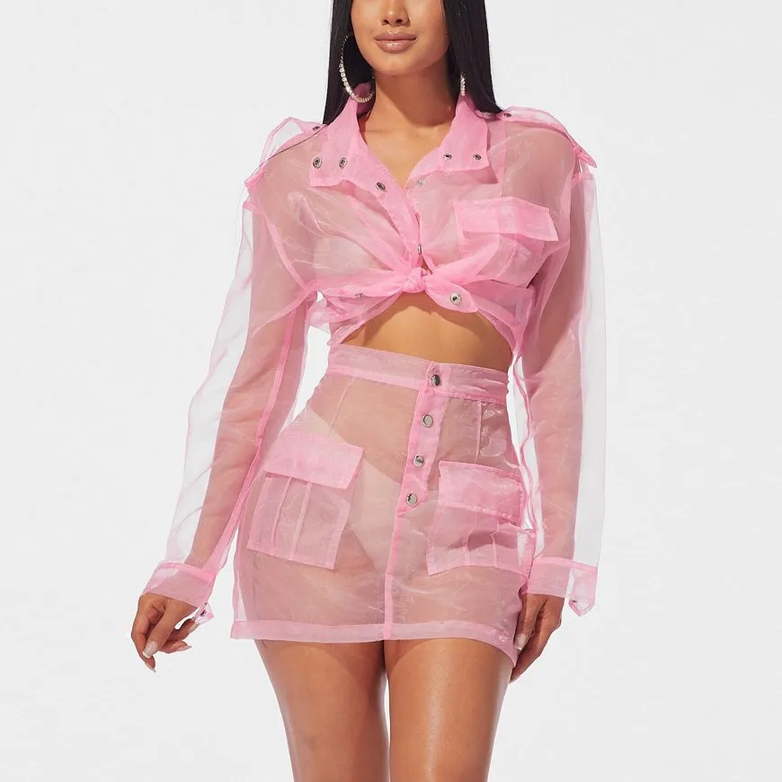 

Women Mesh O-Neck Short Sleeve Top Skirts Suit Two Piece Set Solid Sexy Party Tracksuit 5 Color