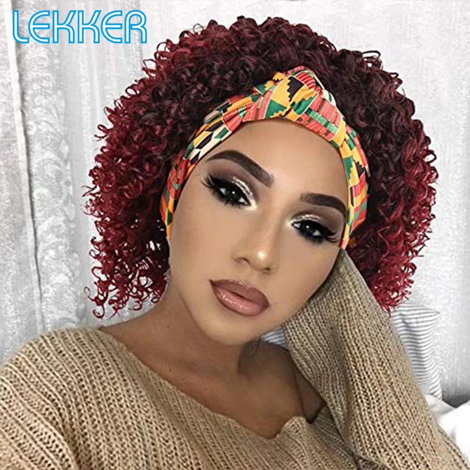 Lekker Afro Kinky Curly Headband Human Hair Half Wig For Women Ombre Burgundy Red Glueless Ponytail Brazilian Remy Colored Wigs