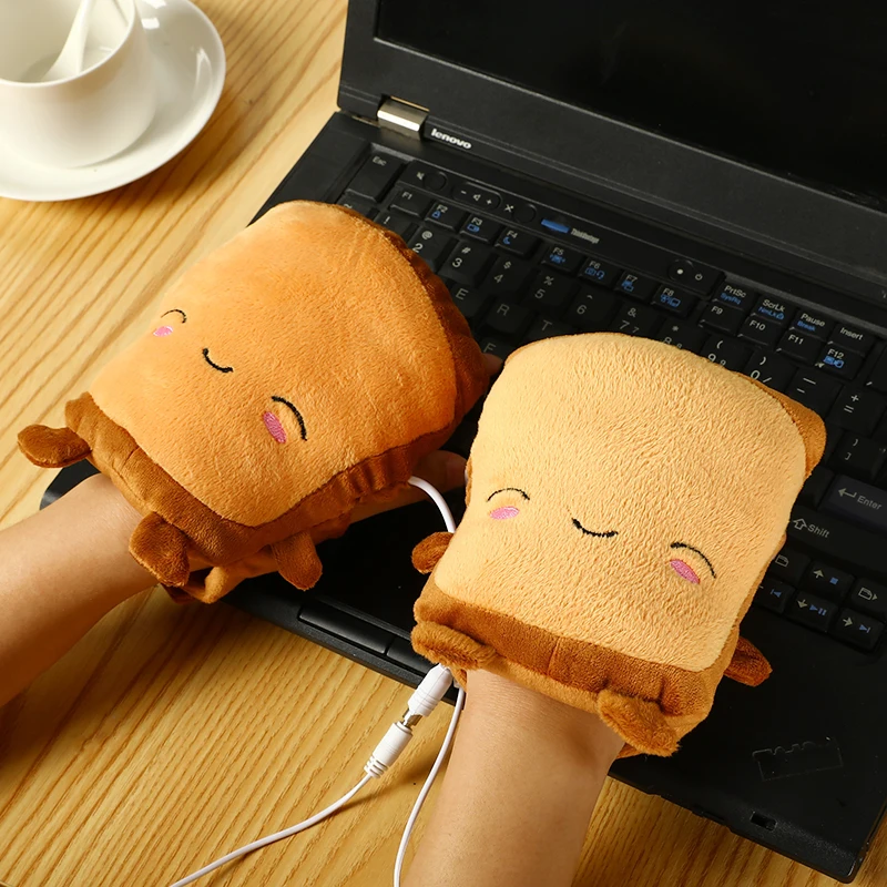 Теплые перчатки с USB подогревом с героями мультфильмов пара грелок перчатки без пальцев плюшевая подкладка милый тост форма Новогодние рождественские подарки