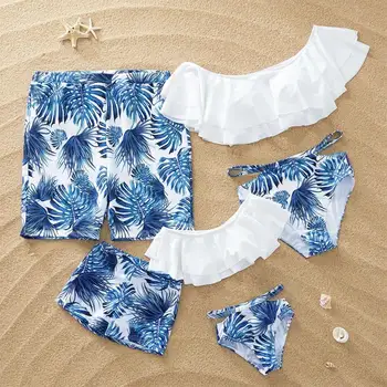 

Beach Family Swimsuit Ruffled Mother Daughter Swimwear Mommy Dad and Me Matching Clothes Outfits Look Father Son Swimming Shorts