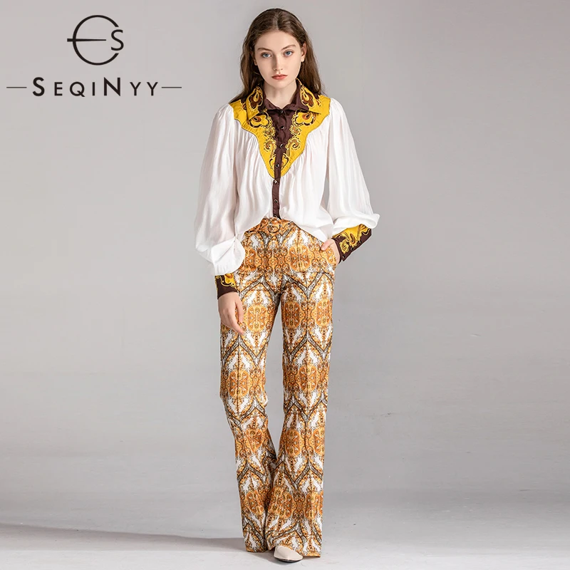 

SEQINYY Vintage Set 2020 Spring Autumn New Fashion Design Rivet Flowers Embroidery Loose White Shirt + Printed Long Pants Suit