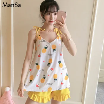 

Summer Sexy Women Pajamas Set Sling Korea Short Tracksuit Girls Fashion Pijama Mujer Students printing Sleepwear with Chest Pad