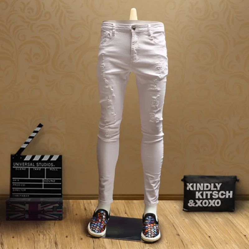 Casual Skinny Ripped White Jeans Streetwear Distressed Pants for Cowboys Men PSMJ74