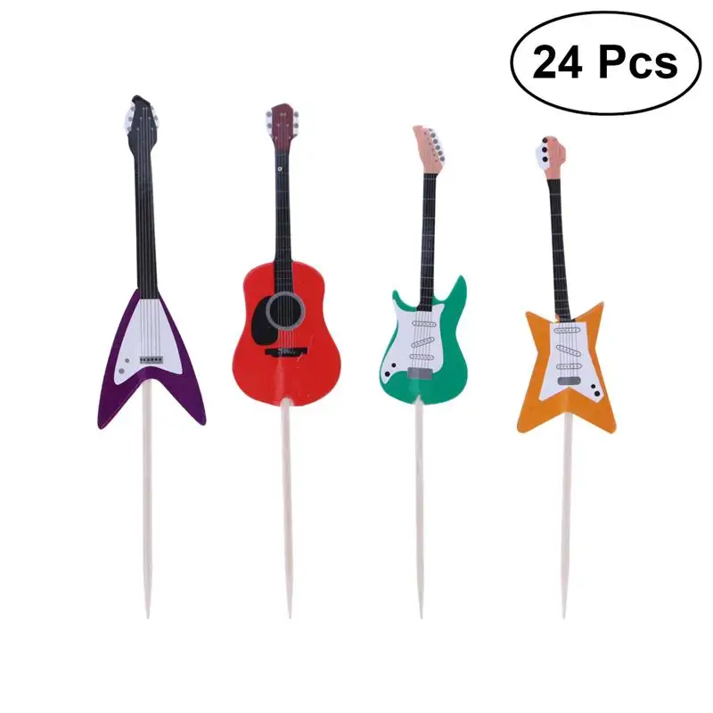 24pcs/set Guitar Cupcake Toppers Picks Musical Instrument Shape Cake Decorating Tools for Birthday Party Decor