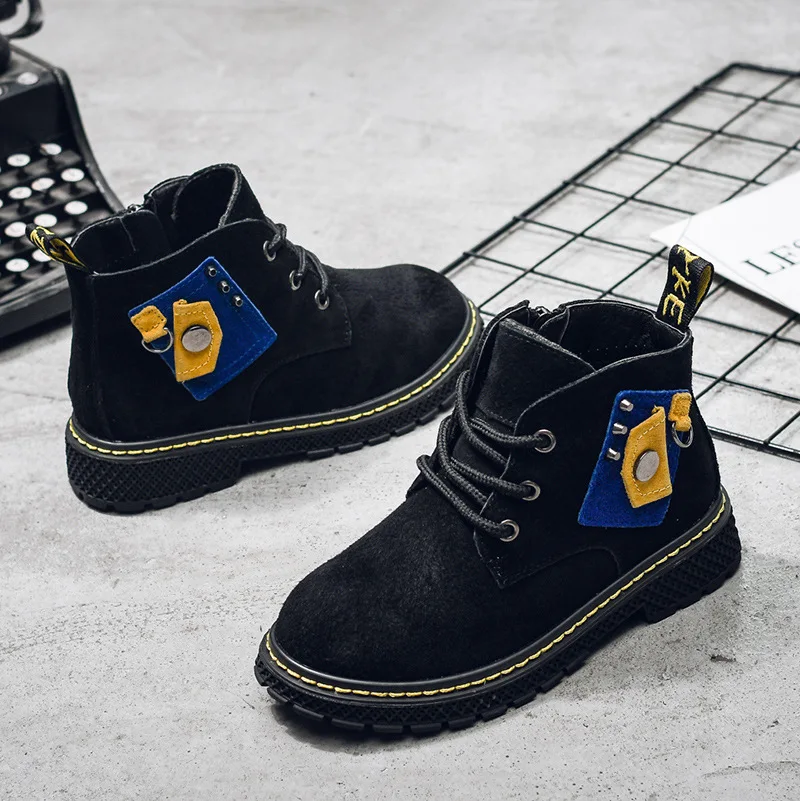 Boys Frosted Genuine Leather Boots Children Martin Boots Oxford Black Kids School Shoes Winter Flats Rubber Boots Ankle Non-slip