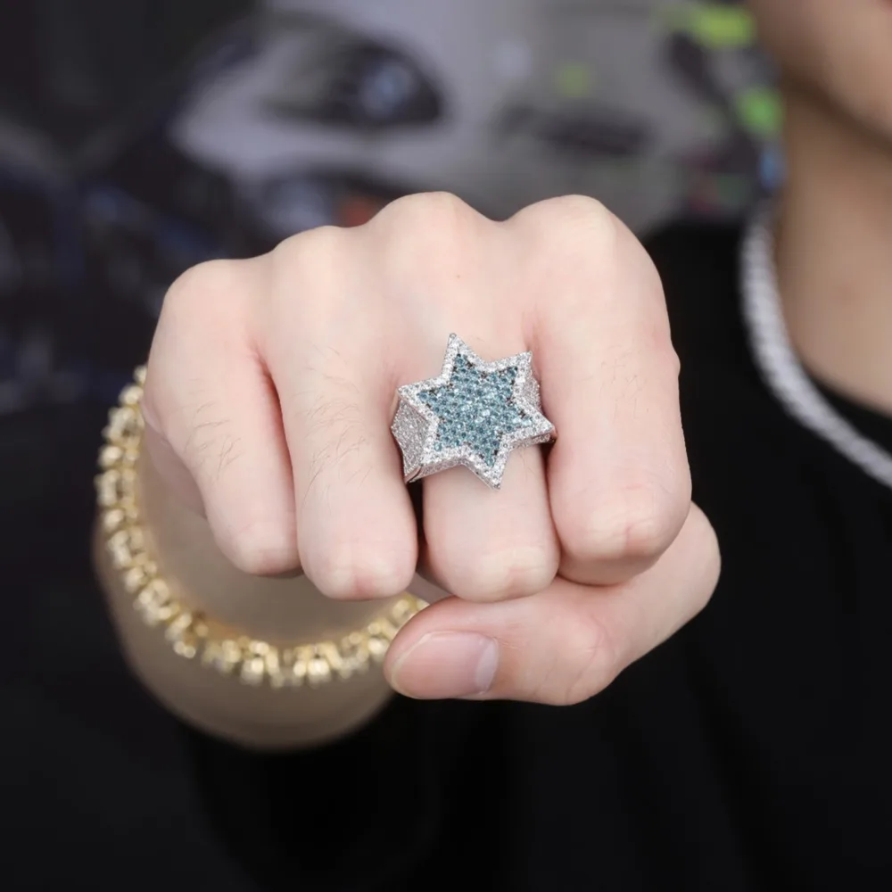 TOPGRILLZ шестиугольник звезда Серебряный Синий Iced Out кубический циркон кольца микро проложили личности хип хоп ювелирные изделия для подарков