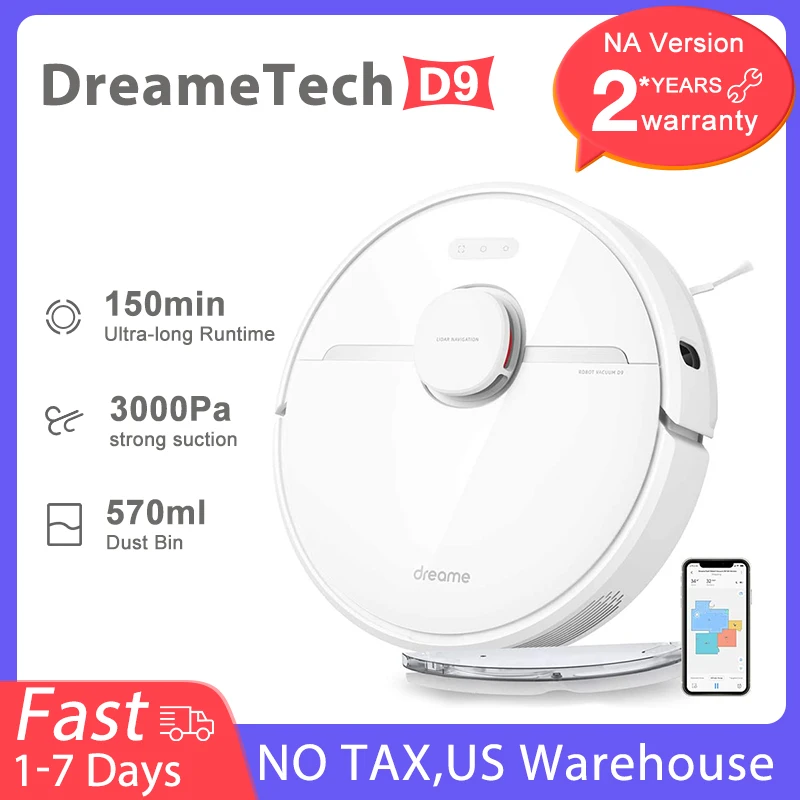 US $323.99 DreameTech D9 Robot Vacuum Cleaner Sweeping Mopping 2In1 APP Control NA Version 3000Pa Suction Power For Carpet Hard Floor