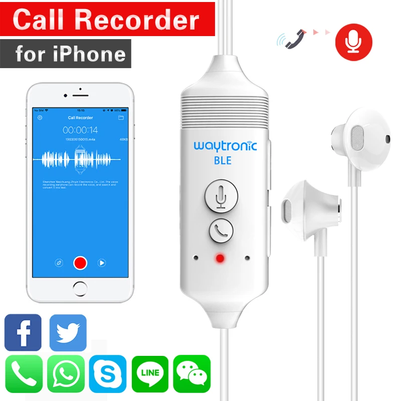 Call Recorder Earphone for iPhone WhatsApp LINE Skype Calls Zoom Meeting Class Online APP Voice Recording Device Headset | Электроника