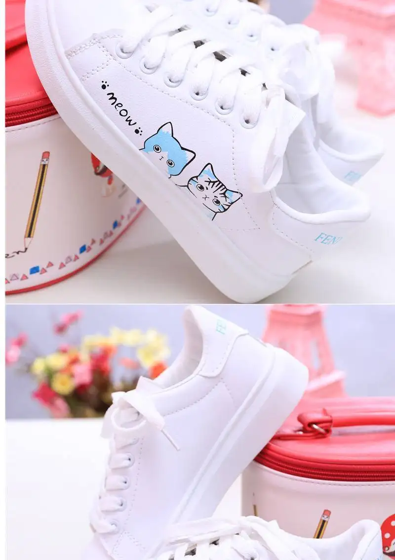 Autumn Girl Student Pupil Single Shoe Ventilation Skate Children Shoes White Girl Sneakers Cute Cat Embroidery Kids Casual Shoes