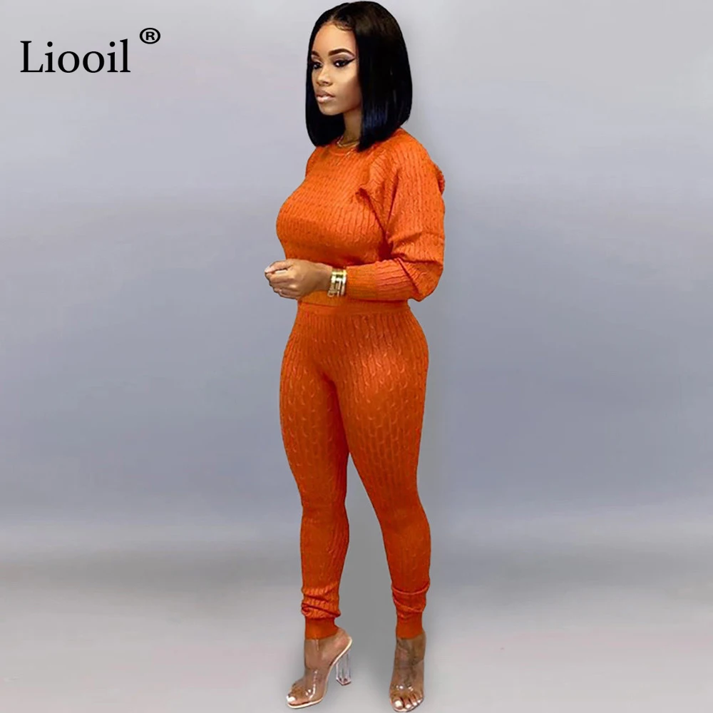 Liooil, вязаный комплект из двух предметов, свитер, топ и штаны, с длинным рукавом, с круглым вырезом, облегающие, вечерние, для ночного клуба, наряды для женщин, подходящие комплекты