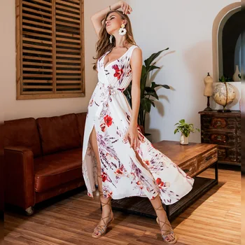 

Summer Long Dress 2019 Floral Wrap Dresses Women Boho Bohemian Sleeveless V Neck Side Split Maxi Dresses Beach Vestidos PC60