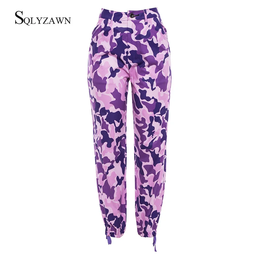 High Waist Purple Camo Print Cargo Pants Streetwear Camouflage Pocket Loose Harem Joggers Women Streetwear Punk Straight Trouser