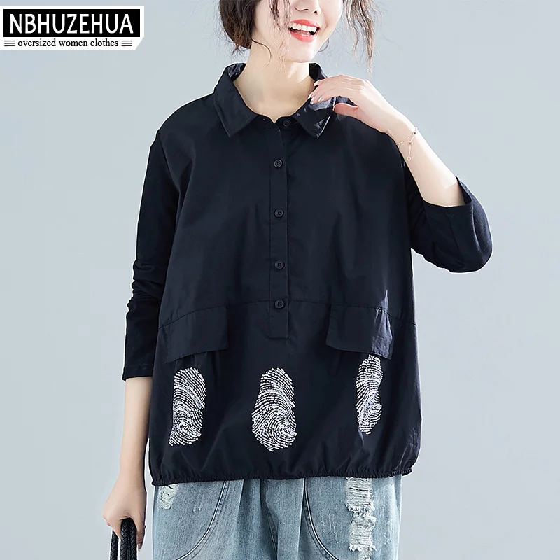 

NBHUZEHUA 2019 Autumn Vintage Print Black Top Long Sleeve Women Blouse Shirt Pullover Plus Size Clothing 4XL 5XL 19-D413