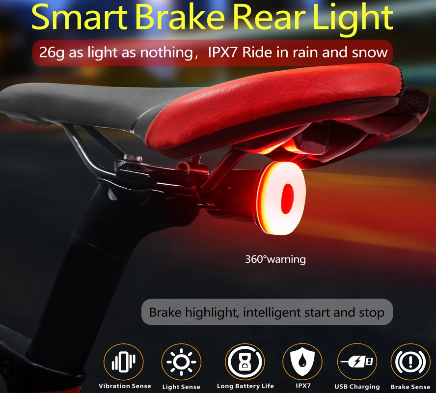 

NEW Smart Bicycle Tail Rear Light Auto Start Stop Brake IPX6 Waterproof USB Charge Cycling Tail Taillight Bike LED Lights