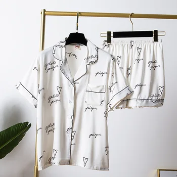 

2 Pcs Heart Printed For Women Pajamas Set Faux Silk Sleepwear Female Comfort Pyjama Nightwear Casual Homewear Top+Pants Pijama