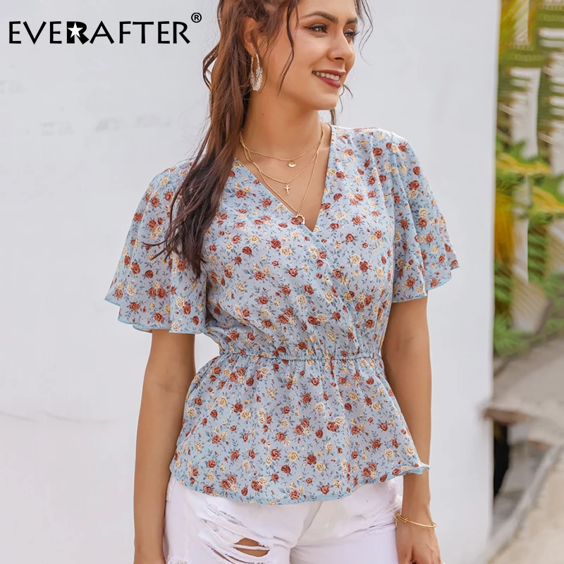 

EVERAFTER Fashion v-neck floral print blouse women shirt short sleeve high waist ruffles slim blouse casual beach summer tops