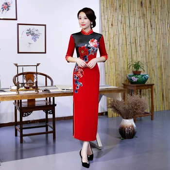 

Elegant Red Long Female Cheongsam Chinese Traditional Evening Party Dress Vingtage Oversize 3XL-5XL High Split Qipao Vestidos