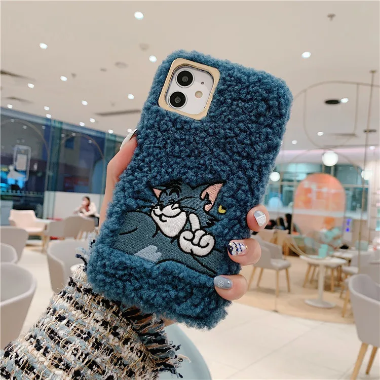 blue-02 Мультяшные Меховые чехлы для iPhone X XS XR 11 Pro Max 7 8 Plus Tom and Jerry, теплая милая мягкая плюшевая задняя крышка для телефона, чехол - Цвет: blue-02