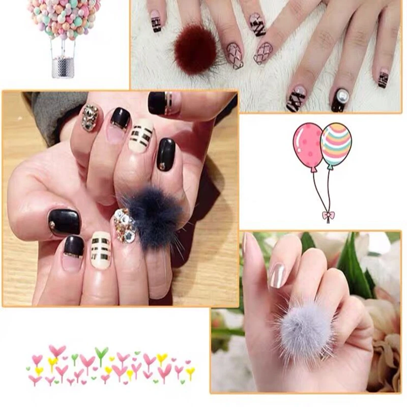 2PCS Summer Nail Pom Fluffy Plush Ball Detachable Nail Art Fur Nail Ball  with Base for Nails Design Manicure Tips Decoration