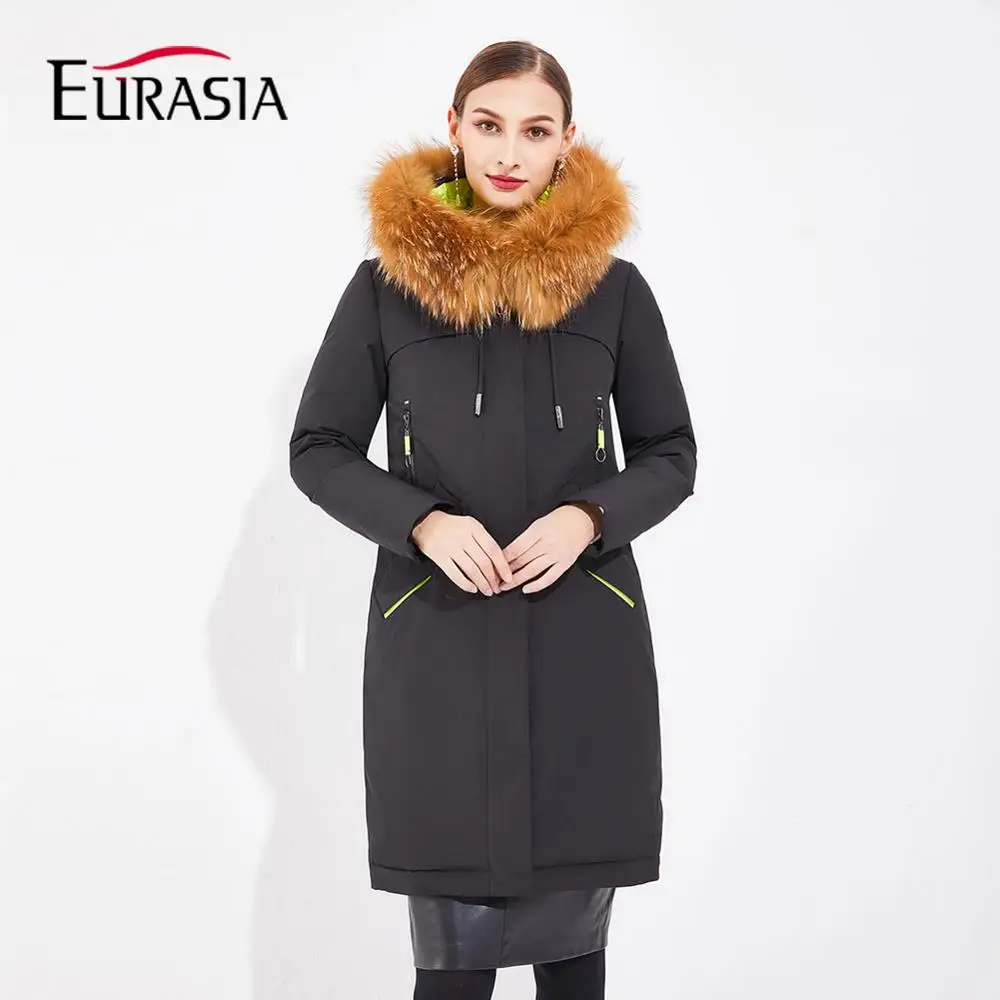 

EURASIA 2019 New Hooded Woman Coat Winter Real Fur Padded Parkas High Quality Warm Jacket Thick Oversize Long Clothes Y19652