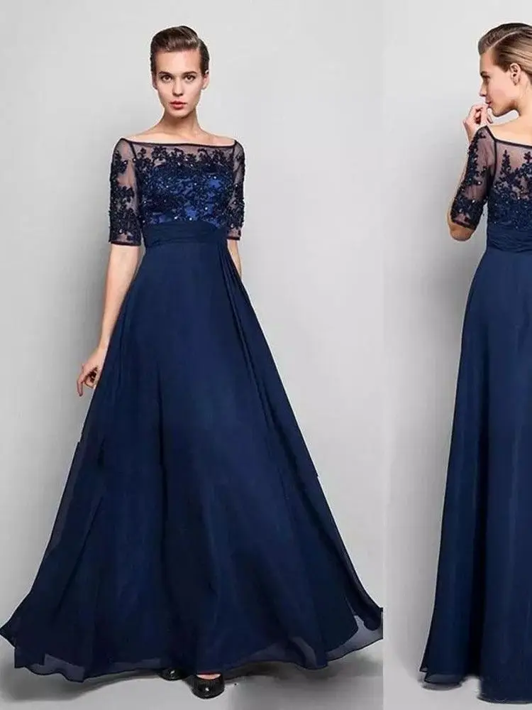 blue ball gown Vintage Lace Mother of the Bride Groom Dresses with Half Sleeves Off Shoulder Chiffon Beaded Floor Length Formal Evening Gowns green evening dress Evening Dresses
