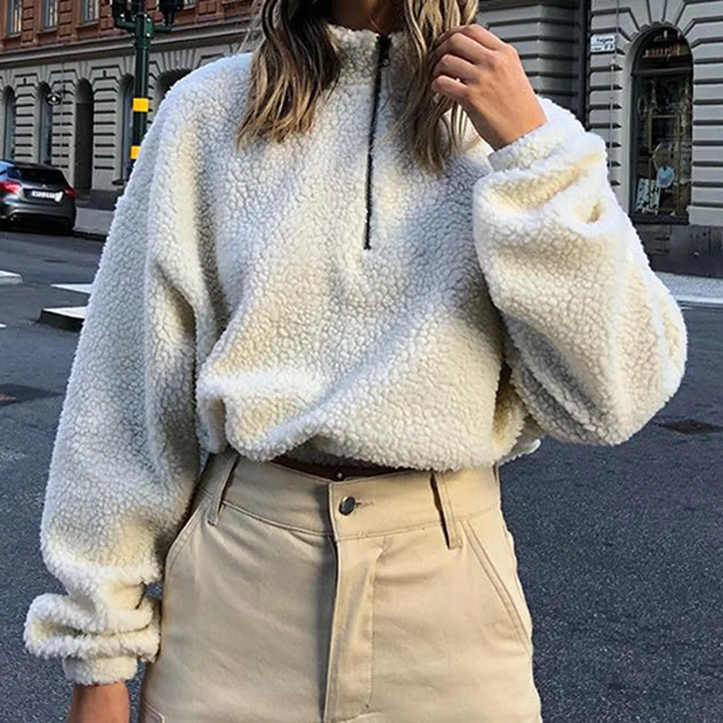 

2019 Autumn Plush Sweatshirt Women Zipper Stand Collar Long Sleeve Pullover Hoodies Sweatshirts For Women Casual Colthes