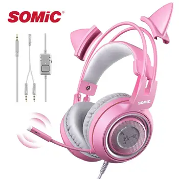 

SOMIC Wired Headset Gamer Pink Cat Ear Headset Cute PS4 Phone PC With Microphone 3.5mm Gaming Phone PS4 Overear Gamer G951s Pink