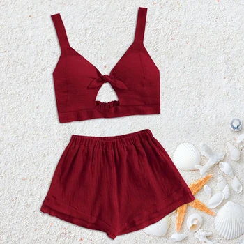 

New Arrival Summer 2 Pieces Set Women Suit Sexy Bow Tank Crop Tops + Shorts Suits Solid Color Female Casual Clothing Beachwear