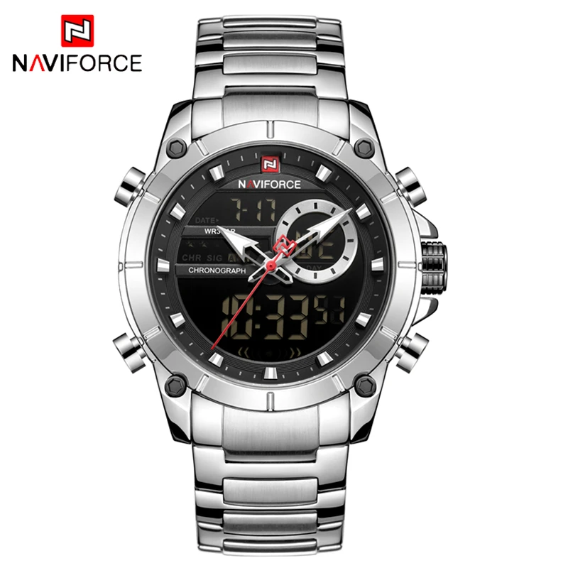 Silver Black NAVIFORCE мужские часы Топ люксовый бренд спортивные мужские военные часы военные полностью стальные водонепроницаемые кварцевые цифровые часы Relogio M - Цвет: Silver Black