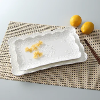 

European-style Embossed Dessert Plate Flat Plate Ceramic Rectangular Plate Japanese Sushi Plate