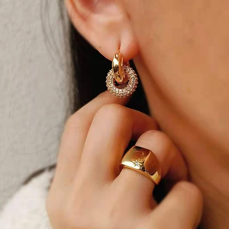 

Brass With 18k Gold AAA Zircon Circle Link Earrings Women Jewelry Party T Show Gown Runway rare Korean Japan Trendy INS