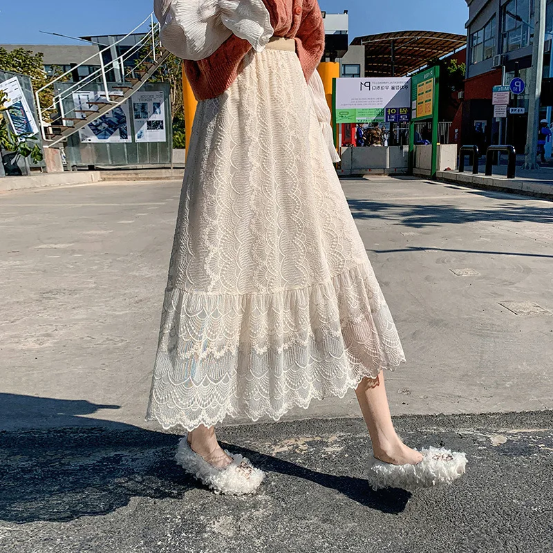 

Spring And Autumn Lace Skirt Women's Hollow out Embroidery Mid-length Slimming Hip Slimming A- line Skirt CHIC High-waisted Vers