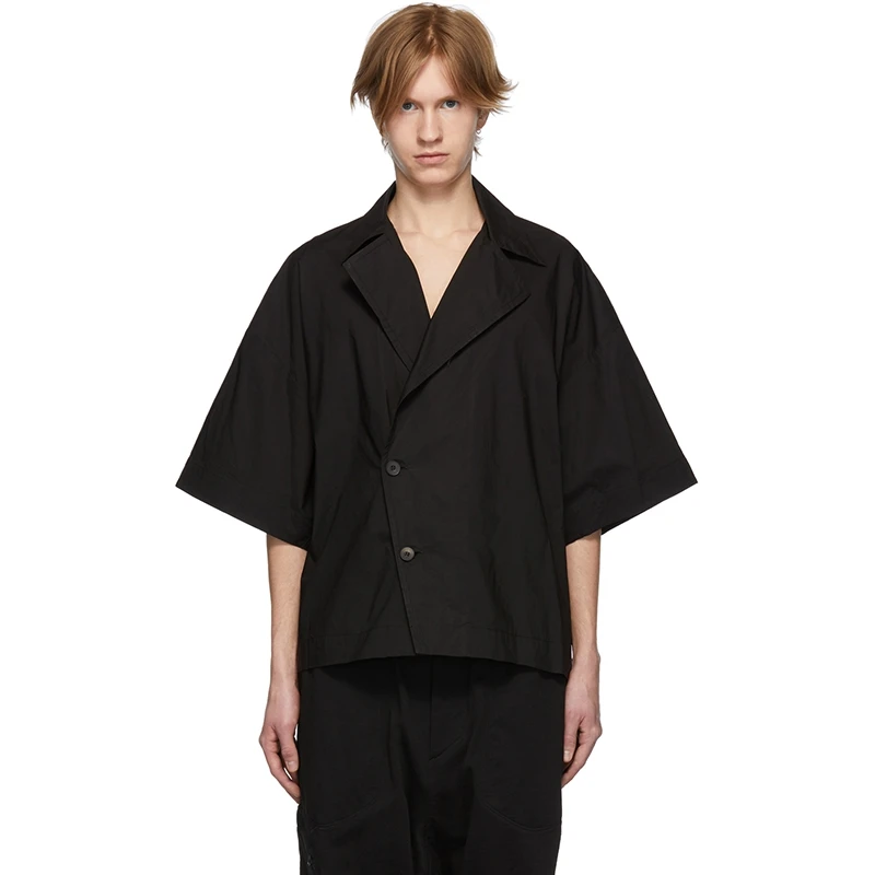 

New men's Hair Stylist fashion Short-sleeved loose-fitting suit Lapel cotta shirt costumes