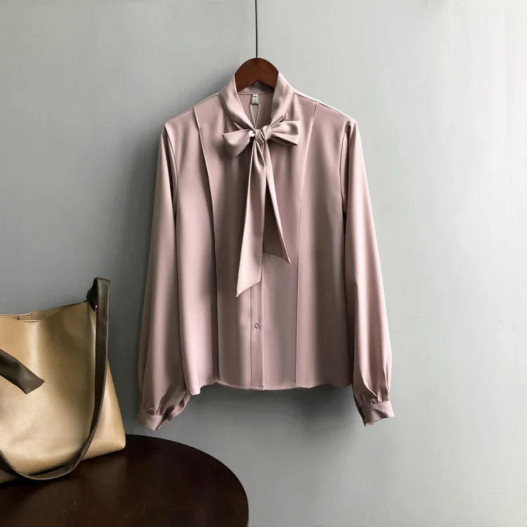 pink Шифоновая рубашка с бантом для женщин, Blusas Mujer De Moda, Корейская Осенняя модная шифоновая блузка с длинным рукавом, свободная элегантная женская блузка - Цвет: pink