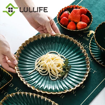 

Nordic Green Dinner Plate Gold Edge Ceramic Plates Bowl Flower Shape Dishes and Plates Sets Porcelain Tableware Round Dinner Set