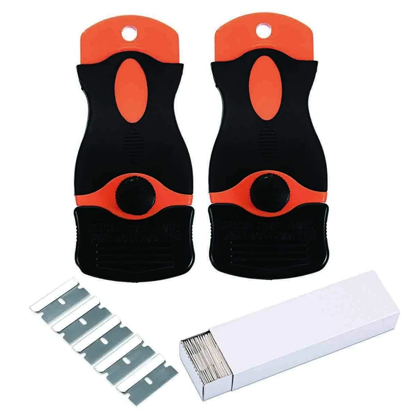 

GTBL 2 Pack Razor Blade Scrapers + 100 Pack Replacement Steel Blades Glass Stovetops Cooktop Ceramic Metal Tape Paint Glue Stick