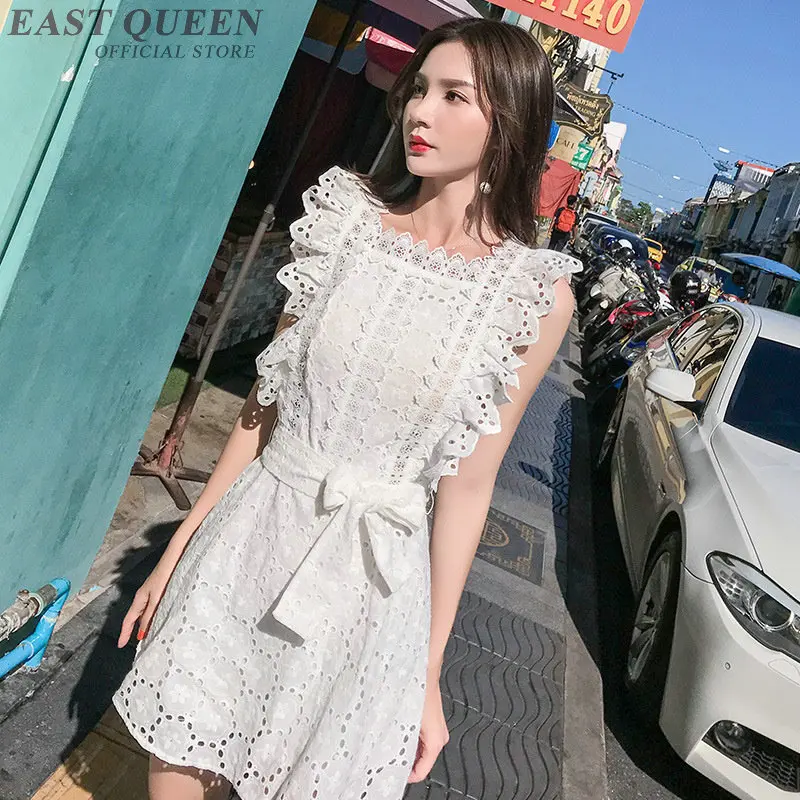 

White Short Dresses Summer 2019 New Chic Lace Pinafore Dress Flunce Lace Up Belt Slim Casual Dresses For Women 2019 AA4861