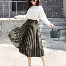Весна, Женская длинная Плиссированная Юбка Макси цвета металлик, серебро, высокая талия, эластичная Повседневная, вечерние, винтажная, подарок, свободная, хит