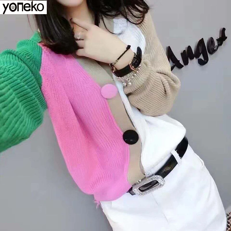 

2020 New Spring autumn Women Single-breasted splicing knitting Coat Female Casual loose stretch knit cardigan short coat KM643