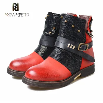 

Prova Perfetto New Mixed Color Ankle Boots Women Round Toe Low Heel Boots Mujer Female Rivet Platform Rubber Gladiator Shoe