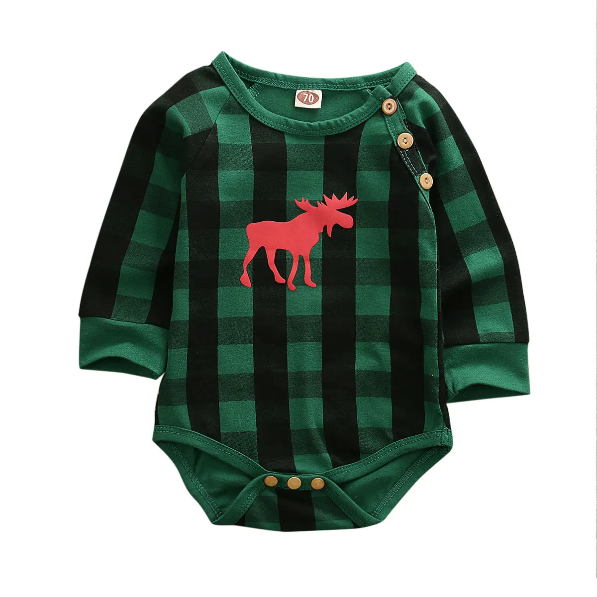 Рождественские боди для новорожденных мальчиков и девочек от 0 до 18 месяцев, Рождественский костюм с оленем, комбинезон в клетку с длинными рукавами - Цвет: Зеленый