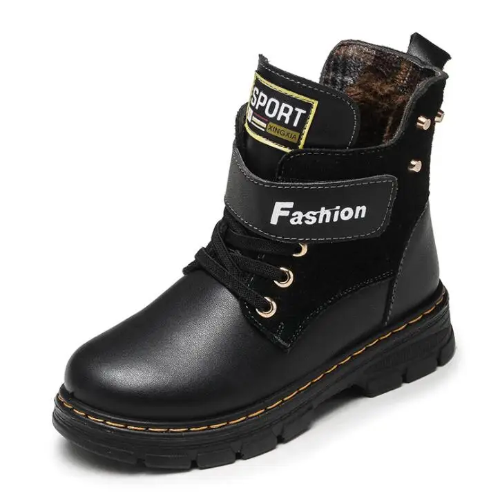 Autumn Winter Kids Boots for Boys Shoes Fashion Mid-Calf Snow Boots Genuine Leather Plush Warm Waterproof Children Martin Boots