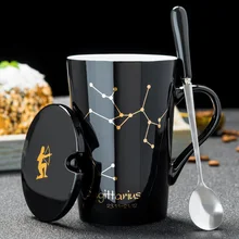 12 созвездий креативные керамические кружки с ложкой крышкой черный и Золотой фарфор Зодиак чашка для кофе с молоком 420 мл кружка для воды