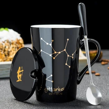 

12 Constellations Creative Ceramic Mugs with Spoon Lid Black and Gold Porcelain Zodiac Milk Coffee Cup 420ML Water Drinkware