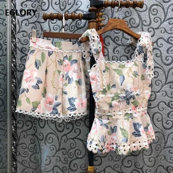 

2020 Spring Summer Fashion 2 Piece Sets Women Beautiful Flower Print Lace Patchwork Vest Tops+ White Black Apricot Shorts Set