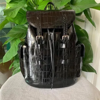 

Genuine Real Crocodile Belly Skin Drawstring Closure Male Flap Pockets Backpack Exotic Alligator Leather Men's Large Travel Bag